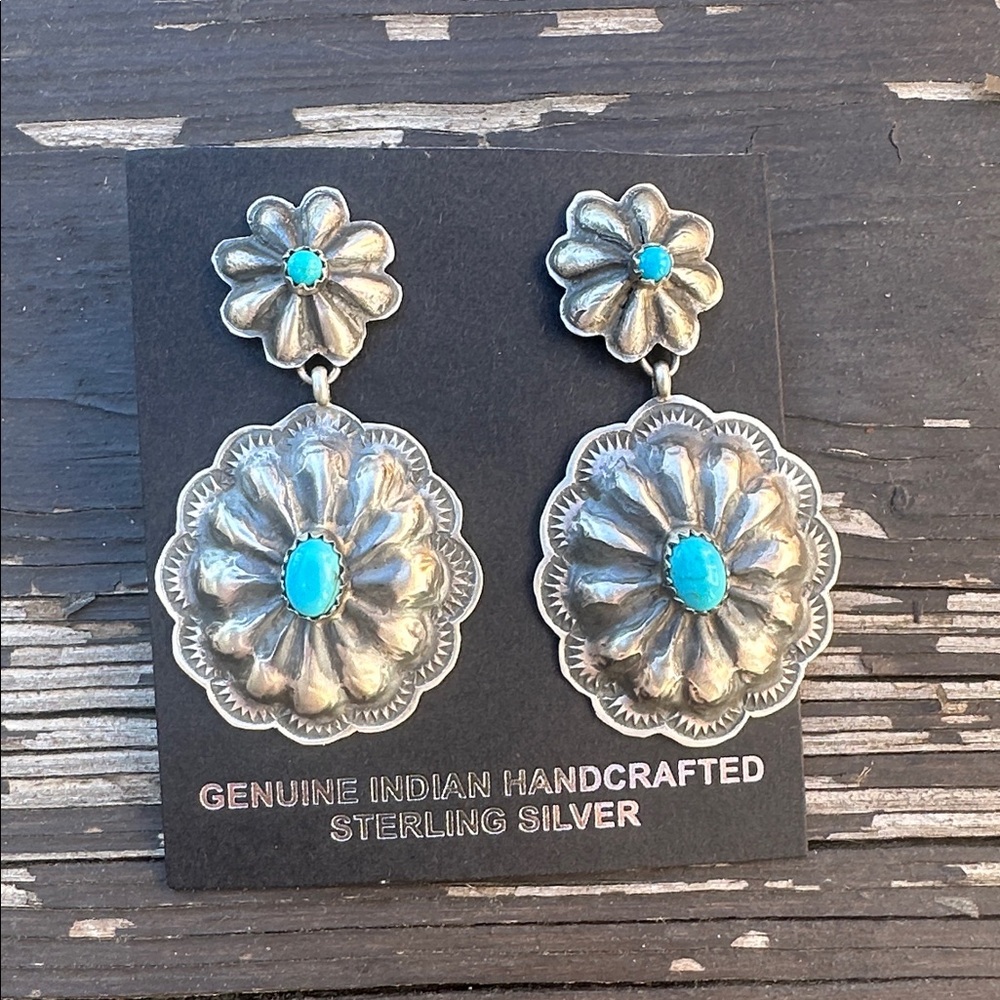 Navajo Yolanda Christian Kingman Turquoise & Sterling Silver Concho Earrings